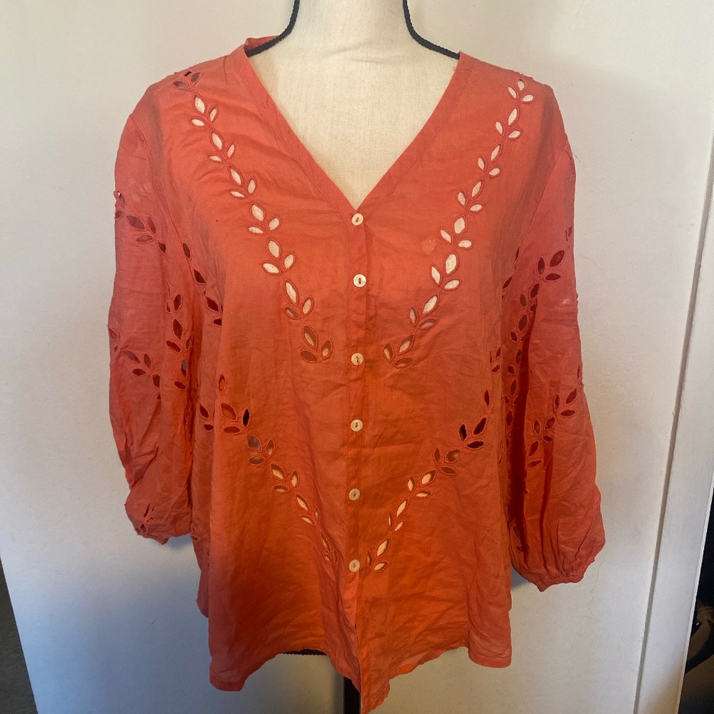 Lucky Brand Coral Eyelet Embroidered Blouse Women’s XL V-Neck Button Front